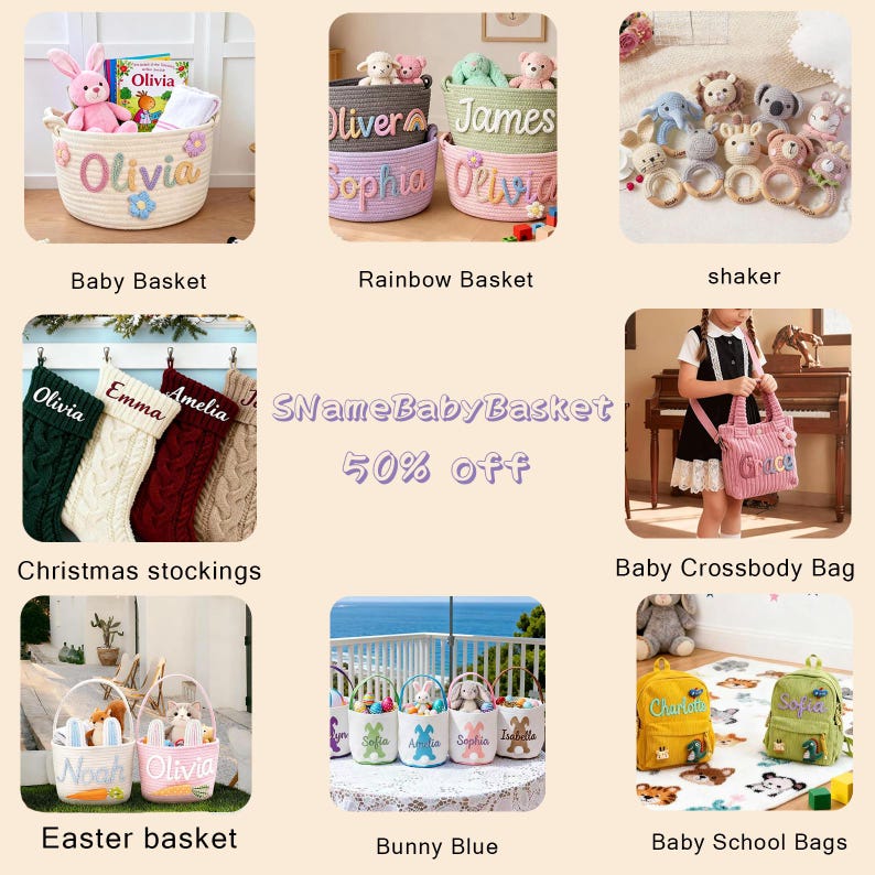 K&ouml;nnte beinhalten: Eine Collage von Baby- und Kinderprodukten. Enth&auml;lt einen Babykorb mit einem rosa Hasen, einen Regenbogenkorb mit Namen, Weihnachtsstr&uuml;mpfe, eine Baby-Umh&auml;ngetasche, Osterk&ouml;rbe, K&ouml;rbe mit Hasenmotiven und Babyschultaschen. Der Text "SNameBabyBasket 50% off" ist ebenfalls sichtbar.