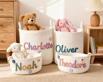 Cesta de regalo personalizada para bebé, organizador de juguetes personalizado con cuerda de algodón.