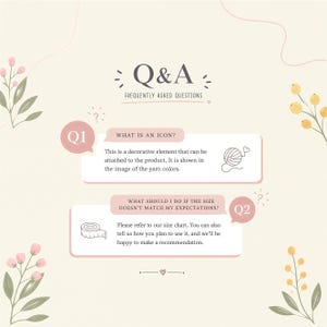 K&ouml;nnte beinhalten: Hellbeige Grafik mit dem Text "Q&A FREQUENTLY ASKED QUESTIONS". Das Bild enth&auml;lt zwei rosa Sprechblasen mit Fragen und Antworten zu Symbolen und Gr&ouml;&szlig;en sowie florale Illustrationen.