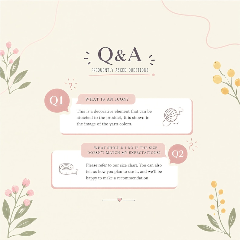 K&ouml;nnte beinhalten: Hellbeige Grafik mit dem Text "Q&A FREQUENTLY ASKED QUESTIONS". Das Bild enth&auml;lt zwei rosa Sprechblasen mit Fragen und Antworten zu Symbolen und Gr&ouml;&szlig;en sowie florale Illustrationen.