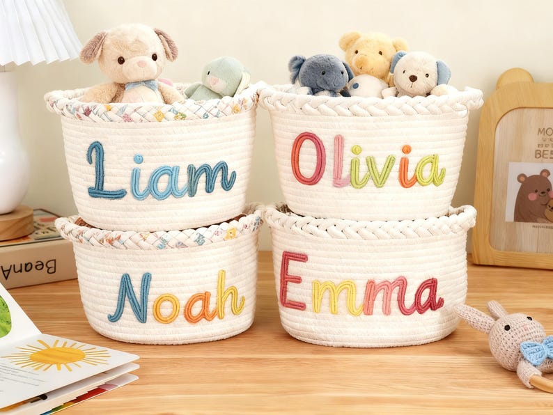 K&ouml;nnte beinhalten: Vier wei&szlig;e Seilk&ouml;rbe mit den gestickten Namen Liam, Olivia, Noah und Emma. Jeder Korb ist mit Pl&uuml;schtieren gef&uuml;llt. Die K&ouml;rbe haben einen gemusterten Rand und stehen auf einer Holzoberfl&auml;che. Eine Lampe und ein Bilderrahmen befinden sich im Hintergrund.