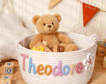 Personalized Baby Basket: Embroidered Cotton Rope Toy Basket