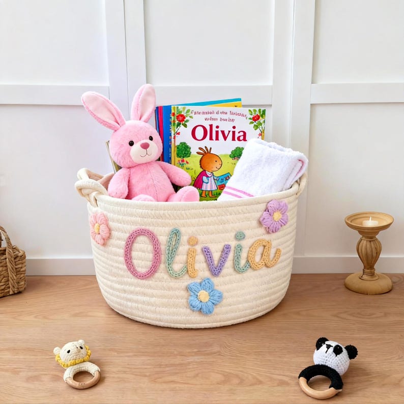 K&ouml;nnte beinhalten: Ein cremefarbener Seilkorb mit dem Namen "Olivia" in bunten Garnbuchstaben und Blumenakzenten. Der Korb enth&auml;lt ein rosa Hasenpl&uuml;schtier, ein Buch und ein wei&szlig;es Handtuch. Zwei Babyrasseln liegen auf dem Boden.