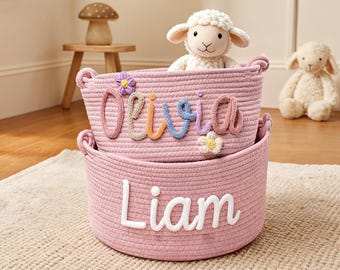 Personalized Baby Basket: Cotton Rope, Custom Name, Baby Shower Gift