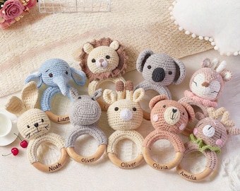 Personalisierte Tierrassel, Buchenholz, Babyparty Geschenk