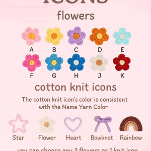 K&ouml;nnte beinhalten: Bild mit farbenfrohen Baumwollstrick-Icons, darunter Blumen und andere Formen. Der Text lautet "ICONS flowers cotton knit icons". Das Bild besagt auch, dass Sie 3 Blumen oder 1 Strick-Icon ausw&auml;hlen k&ouml;nnen, wenn Sie die Option "Icon hinzuf&uuml;gen" kaufen.