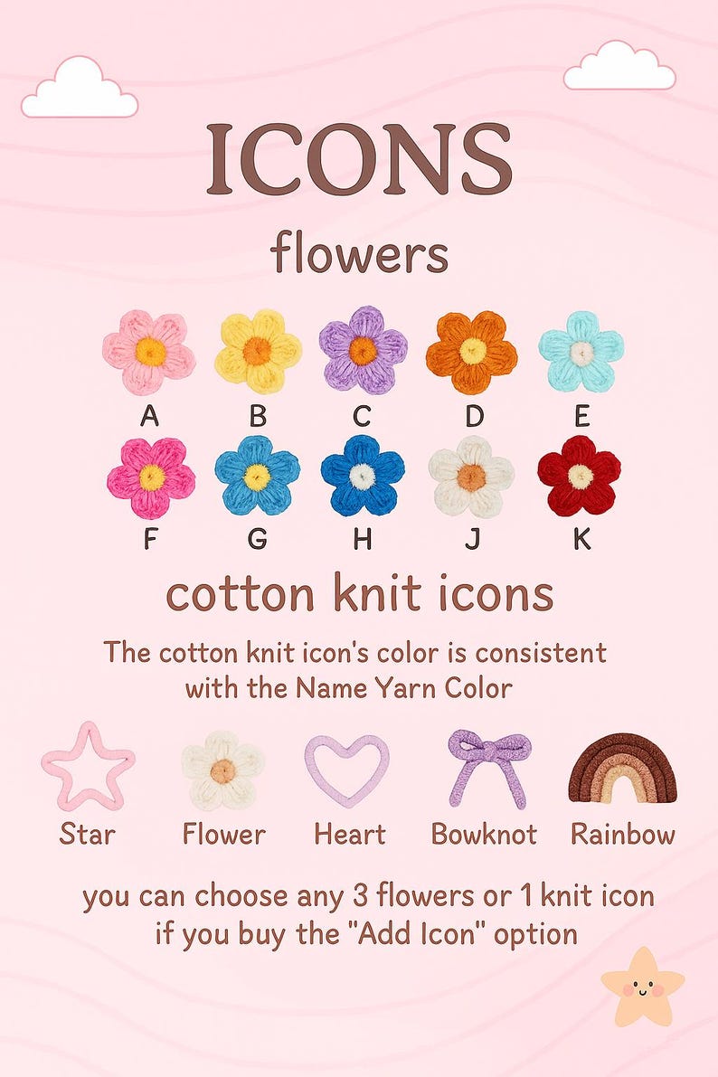 K&ouml;nnte beinhalten: Bild mit farbenfrohen Baumwollstrick-Icons, darunter Blumen und andere Formen. Der Text lautet "ICONS flowers cotton knit icons". Das Bild besagt auch, dass Sie 3 Blumen oder 1 Strick-Icon ausw&auml;hlen k&ouml;nnen, wenn Sie die Option "Icon hinzuf&uuml;gen" kaufen.