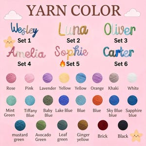K&ouml;nnte beinhalten: Eine Garnfarbkarte mit Namen wie Wesley, Luna und Oliver in verschiedenen Farben. Die Karte enth&auml;lt eine Vielzahl von Garnfarben, darunter Rose, Pink, Lavendel, Gelb und Blau, mit Namen wie "Rose" und "Pink" unter jeder Farbe.