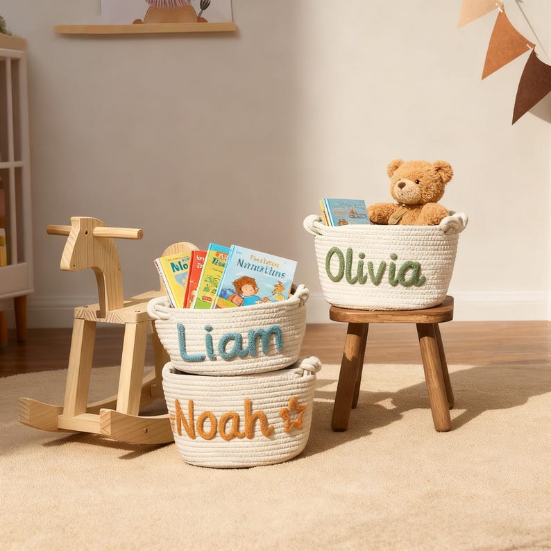 K&ouml;nnte beinhalten: Drei geflochtene Seilk&ouml;rbe mit den Namen Liam, Noah und Olivia. Der Liam-Korb ist mit B&uuml;chern gef&uuml;llt. Der Olivia-Korb enth&auml;lt einen Teddyb&auml;r. Ein h&ouml;lzernes Schaukelpferd befindet sich im Hintergrund. Die K&ouml;rbe stehen auf einem hellbraunen Teppich.