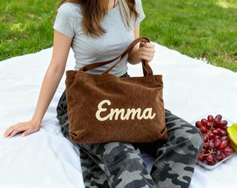 Personalized Embroidered Corduroy Tote – Teacher Commuter Tote Bag, Mother's Day Gift