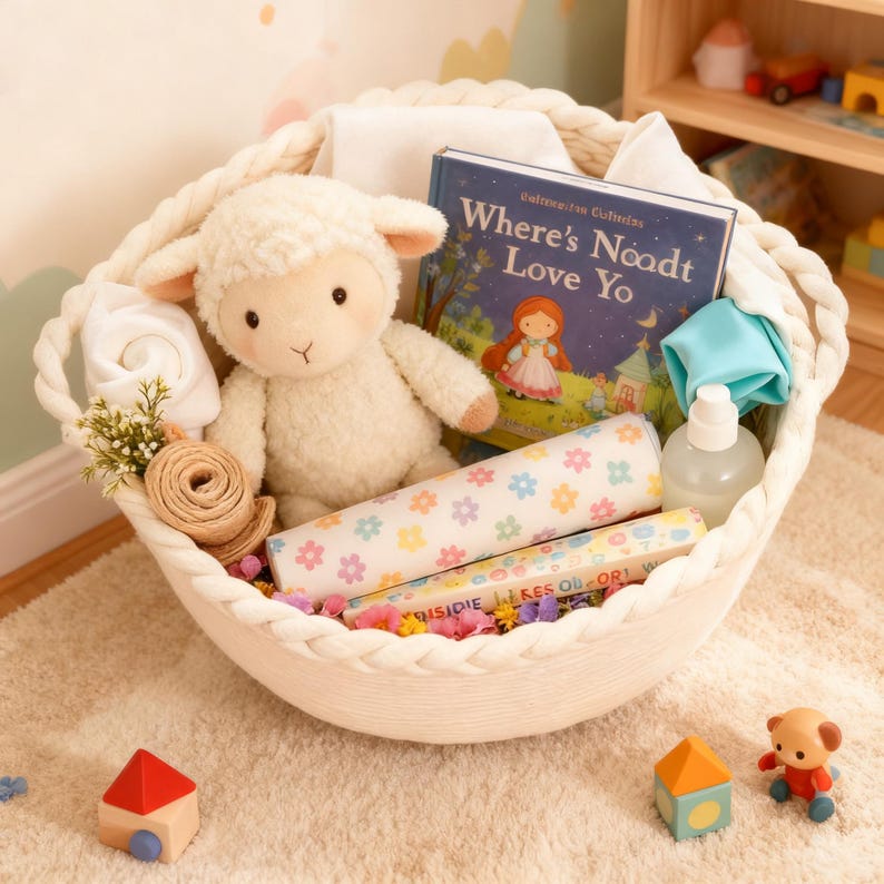 K&ouml;nnte beinhalten: Ein cremefarbener Seilkorb gef&uuml;llt mit Babyartikeln. Enth&auml;lt ein Stofflamm, ein Buch mit dem Titel "Where's Noodt Love Yo", gerolltes Papier mit Blumenmuster, eine Flasche und ein kleines Spielzeug. Der Korb steht auf einem cremefarbenen Teppich.