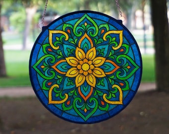 Mandala glas-in-lood suncatcher, boho raam hangend, spiritueel huisdecor, handgemaakte meditatiekunst