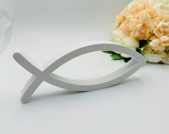 Jesus Fish Table Sign, Freestanding Ichthus Decor for Baptism, Communion & Christening
