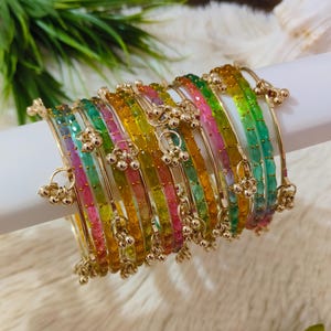 Multi colored Ghungroo Raindrop Glass Bangle Set - with and without ghungroo options available