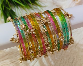 Multi colored Ghungroo Raindrop Glass Bangle Set - with and without ghungroo options available