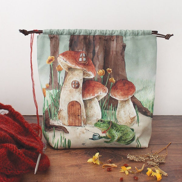 Mushroom Frog Knitting Project Bag, Project Bag, Vegan Bag, Organic Cotton, Crochet Bag, Drawstring Bag, Knitting Bag, Travel Bag