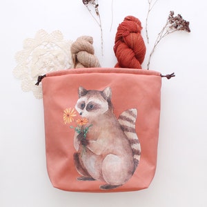 Knitting Drawstring Bag, Raccoon Crochet Bag, Vegan Storage Bag, Organic Cotton, Crochet Bag, Drawstring Bag, Knitting Bag, Yarn Bag