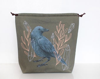 Raven Knitting Project Bag, Project Bag, Vegan Bag, Organic Cotton, Cross Body Bag, Crochet Bag, Drawstring Bag, Knitting Bag, Travel Bag