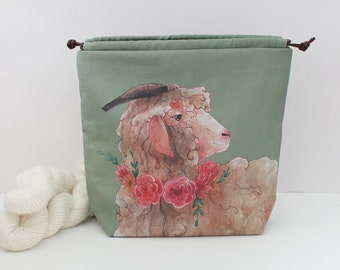Sheep Knitting Project Bag | Angora Goat Illustration | Sock, Regular or Sweater Size