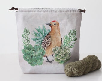 Succulent Bird Knitting Project Bag, Project Bag, Vegan Bag, Organic Cotton, Crochet Bag, Drawstring Bag, Knitting Bag, Travel Bag