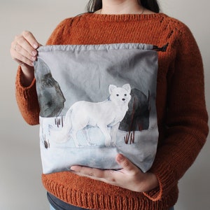 Arctic Fox Knitting Project Bag, Project Bag, Vegan Bag, Organic Cotton, Crochet Bag, Drawstring Bag, Knitting Bag, Travel Bag