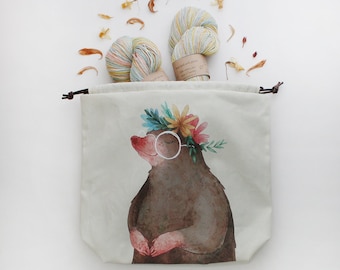 Floral Knitting Project Bag, Project Bag, Vegan Bag, Organic Cotton, Crochet Bag, Drawstring Bag, Knitting Bag, Travel Bag, Mole