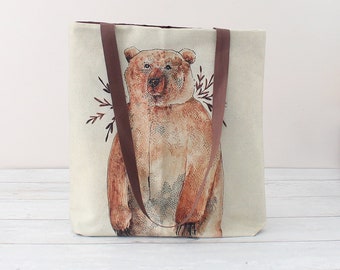 Tote Bag, Lined Tote Bag, Cotton Tote Bag, Valentine's Day Bag, Brown Bear Bag, Shoulder Bag, Vegan Tote Bag, Twill Cotton Bag, Gift for Her