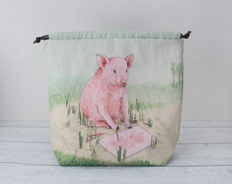 Piglet Knitting Project Bag, Project Bag, Vegan Bag, Project Bag for Knitting, Crochet Bag, Drawstring Bag, Pig Knitting Bag, Organic Cotton