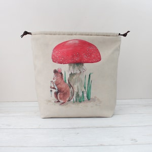 Mushroom Knitting Project Bag | READY TO SHIP | Project Bag, Vegan Bag, Crochet Bag, Drawstring Bag, Knitting Bag, Travel Bag, Knitters Bag