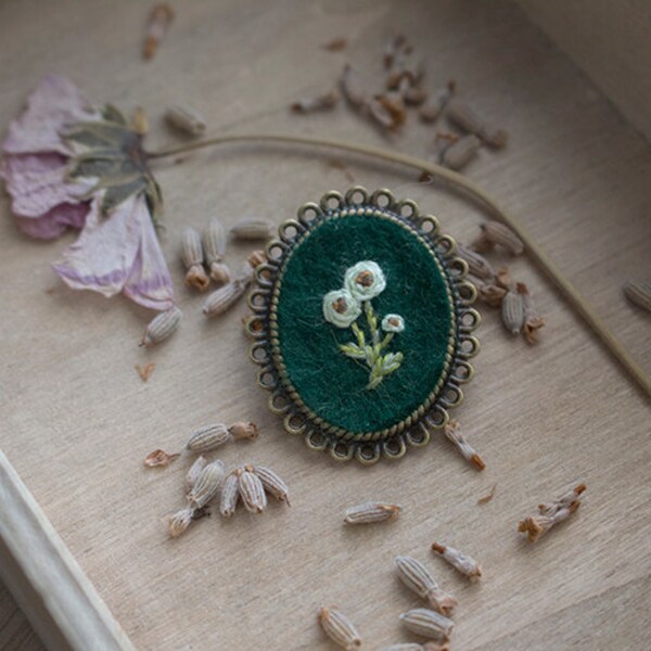 Hand Embroidered Flower Brooch - Fantasy Border - Antique Bronze - Mint Green Roses on Emerald Background