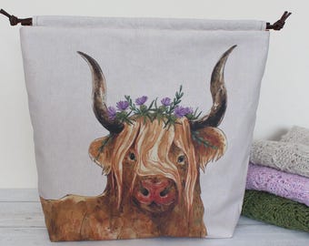 Highland Cow Knitting Project Bag, Project Bag, Vegan Project Bag, Yarn Bag, Crochet Bag, Drawstring Bag, Knitting Bag, Knitters Bag