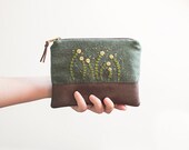 Hand Embroidered Zipper Pouch - Unique Hand Embroidery Design - Sunflowers on Emerald Background - Suede Base