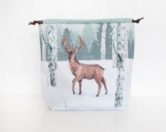 Christmas Knitting Project Bag, Project Bag, Knitting Bag, Forest Deer Project Bag, Crochet Bag, Drawstring Bag, Knitting Bag, Travel Bag,