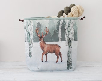 Christmas Knitting Project Bag, Project Bag, Knitting Bag, Forest Deer Project Bag, Crochet Bag, Drawstring Bag, Knitting Bag, Travel Bag,