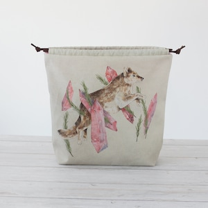 Crystal Wolf Knitting Project Bag, Project Bag, Cross Body Bag, Crochet Bag, Drawstring Bag, Knitting Bag, Travel Bag, Vegan Organic Bag