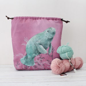 PREORDER Manatee Knitting Project Bag, Project Bag, Vegan Bag, Organic Cotton, Crochet Bag, Drawstring Bag, Knitting Bag, Travel Bag, Spring