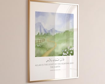 Arte murale islamica/Decorazione/Arazzo/Versetto del Corano/Regalo di inaugurazione della casa/Musulmano/Aya/Ayat/Digitale/Stampabile/Poster/PNG/Natura/Blu/Verde/Sura