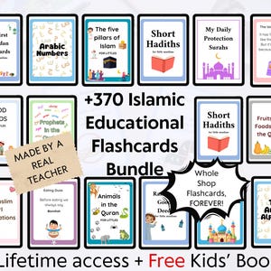 Plus de 370 cartes mémoire islamiques en méga lot de 17 jeux | Cartes flash éducatives ultimes pour enfants musulmans|Coran, Duas, Prophètes, Salah|École à la maison|PDF