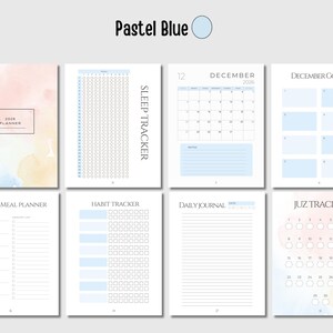 May include: A pastel blue planner with various pages, including a 2026 planner, sleep tracker, December calendar, goals, weekly meal planner, habit tracker, daily journal, and Juz tracker. The pages have a watercolor design.