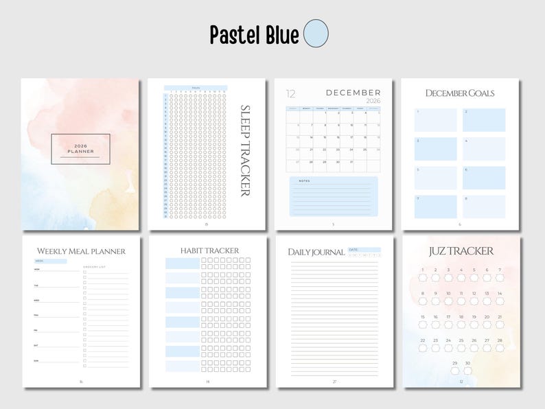 May include: A pastel blue planner with various pages, including a 2026 planner, sleep tracker, December calendar, goals, weekly meal planner, habit tracker, daily journal, and Juz tracker. The pages have a watercolor design.