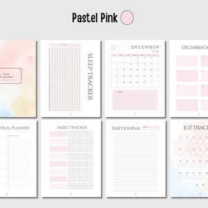 May include: A collection of pastel pink planner pages with various layouts. Includes a 2026 planner cover, sleep tracker, December calendar, goal setting, weekly meal planner, habit tracker, daily journal, and Juz tracker pages.