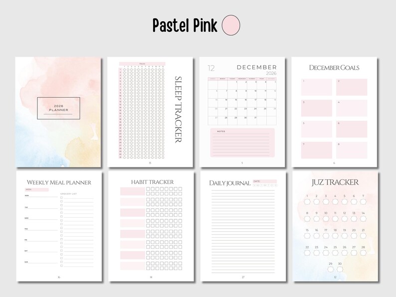 May include: A collection of pastel pink planner pages with various layouts. Includes a 2026 planner cover, sleep tracker, December calendar, goal setting, weekly meal planner, habit tracker, daily journal, and Juz tracker pages.