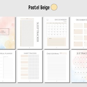 May include: A collection of printable planner pages in pastel colors. The pages include a 2026 planner, sleep tracker, December 2026 calendar, December goals, weekly meal planner, habit tracker, daily journal, and juz tracker.