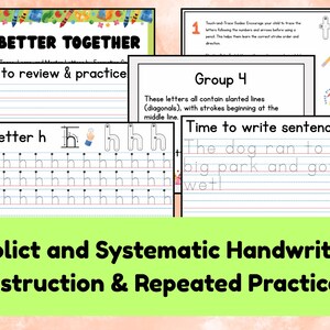以下が含まれることがあります： 「Better Together」と「Explicit and Systematic Handwriting Instruction & Repeated Practice!」の文字が入った、手書き練習シートのコレクション。文字や文章のなぞり書き練習が含まれており、教育目的で設計されています。