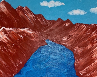 Pintura de montaña y río con remolinos