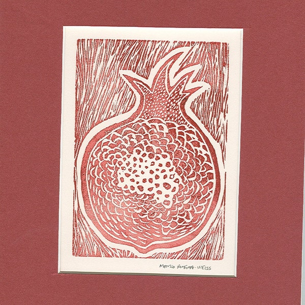 Hand-pulled Red Pomegranate Rubbercut Print with maroon mat