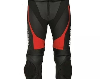 Pantalones de motociclista para hombre – Pantalones de motociclista negros y rojos con protección para las rodillas – Equipo de motocross duradero