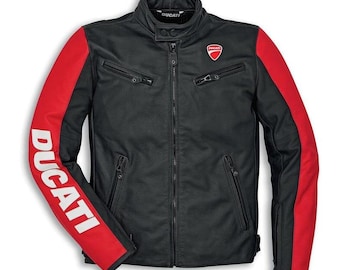 Chaqueta de cuero para moto Ducati – Estilo competición en negro y rojo, con protecciones