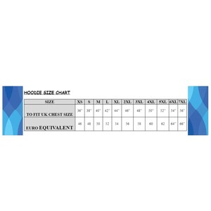 May include: A white hoodie size chart with blue and purple accents. The chart lists sizes from XS to 7XL, with corresponding chest sizes in inches and Euro equivalents in centimeters. The text "HOODIE SIZE CHART" is at the top.