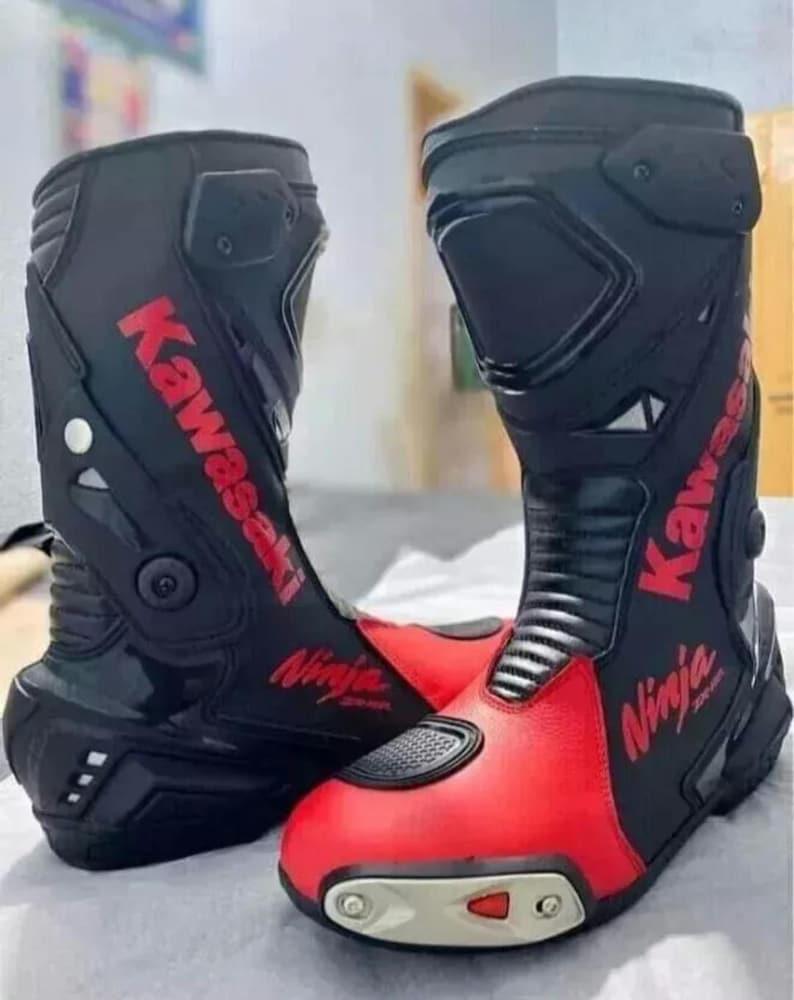 Mens Kawasaki Leather Long CE Motorbike Motorcycle Racing Sports Shoes Boots
